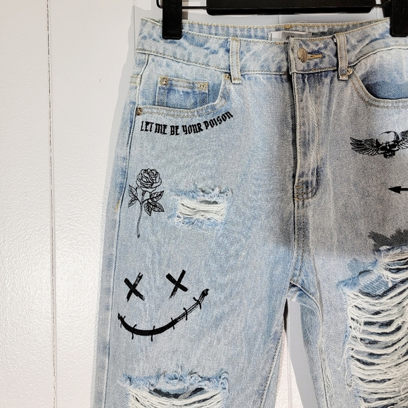 4/$20 Adika High Rise Toxic Love Skull Rose Distressed Straight Jeans - Picture 4 of 7
